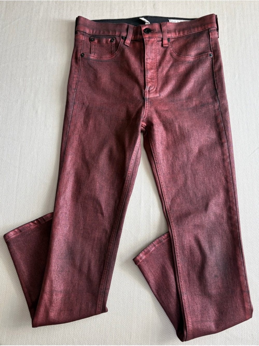 Like New Rag & Bone Red Metallic High-Rise Skinny Ankle Jeans Leather Feel Sz 27